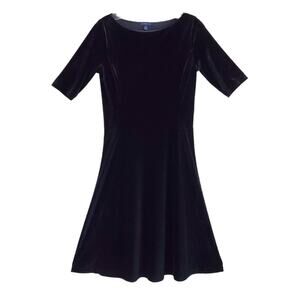 LANDS END Women's XS 2 4 Dress Black Velvet Short Sleeve Flare Stretch Bust 34"